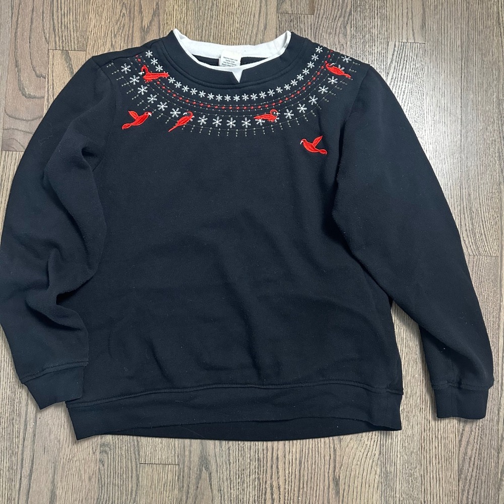 Adrian Delofield Black Embroidered Cardinal Bird Holiday Christmas Sweatshirt